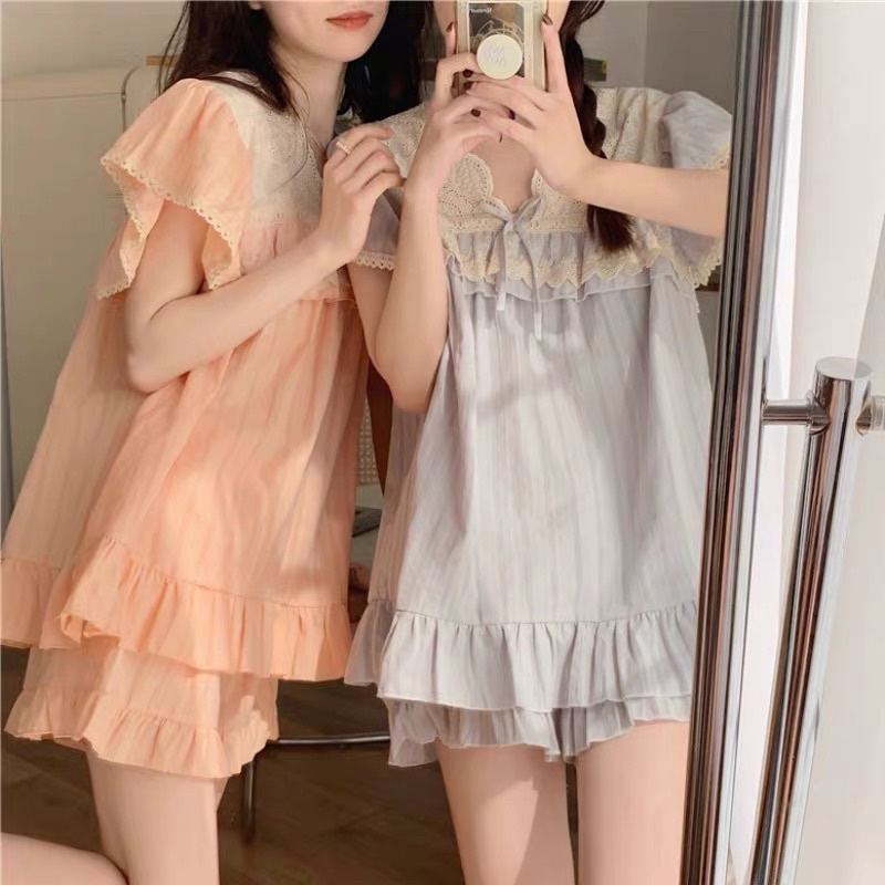 SET BỘ MẶC NHÀ BÁNH BÈO HỒNG REN TRẮNG rẻ nhất shopee