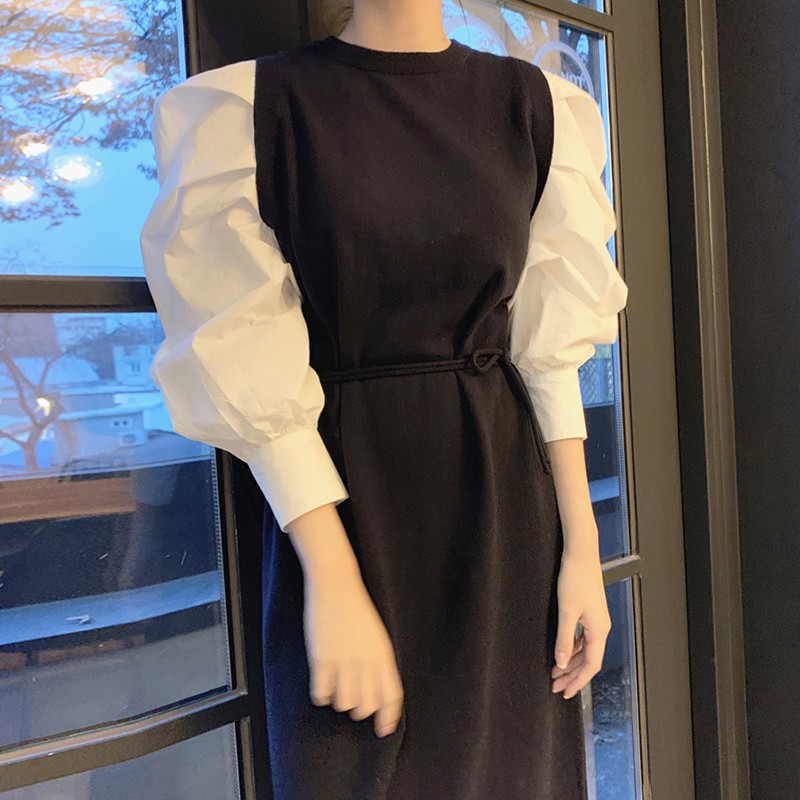 Đầm nữ tay dài cổ tròn phong cách thời trang Hàn Quốc