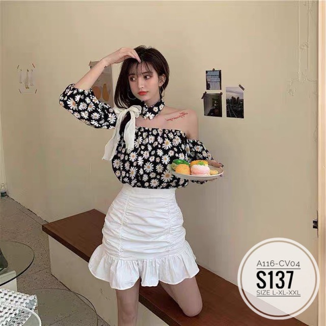 Bigsize Set hoa cúc trễ vai S137