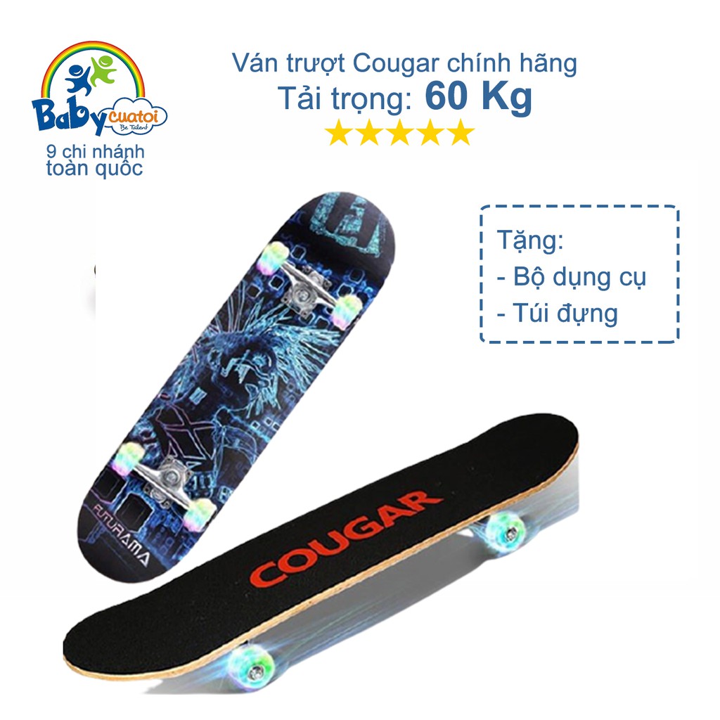 Ván trượt thể thao Skateboard bằng gỗ chính hãng Cougar MH3108 9 lớp cao cấp Maple, tặng bộ dụng cụ