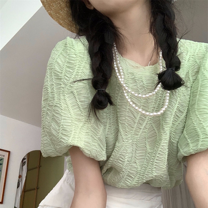 Áo Kiểu Tay Phồng Ngắn Thời Trang Mùa Hè Hàn Quốc Thanh Lịch Cho Nữ