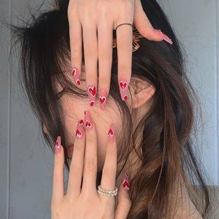 Hoa Hồng Trái Tim móng tay lưới màu đỏ trắng mặc giá A có thể tháo rời móng tay giả hoàn thành cô gái sinh viên gió Nail