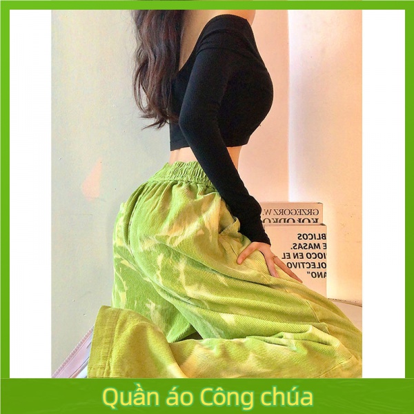 Quần Dài Lưng Cao Ống Rộng Vải Nhung Mỏng Màu Xanh Lá Bơ Phong Cách Harajuku Thời Trang Cho Nữ Z2