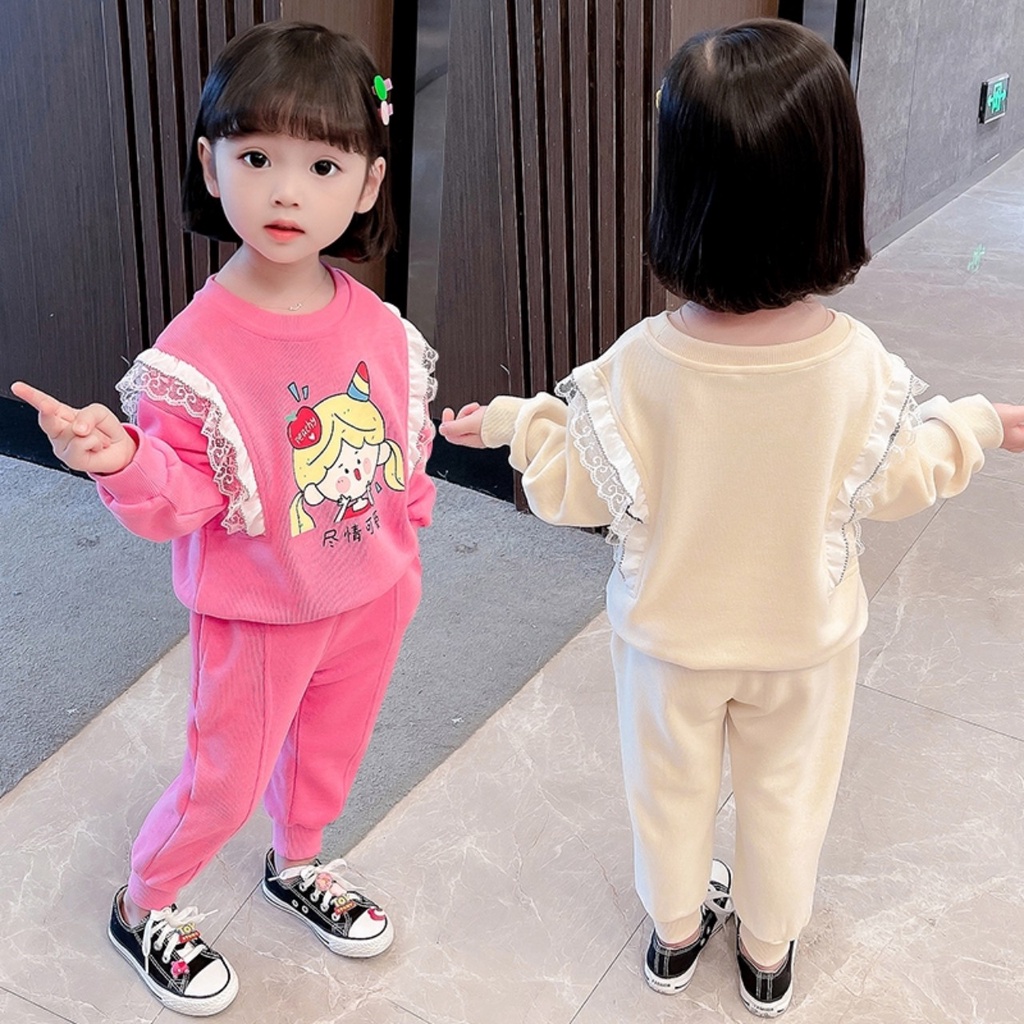 Bộ Nỉ Da Cá Phối Bèo Ren Dành Cho Bé Gái Từ 8 - 22kg Bộ quần áo cho bé với thiết kế cách điệu phù hợp đi học, đi chơi