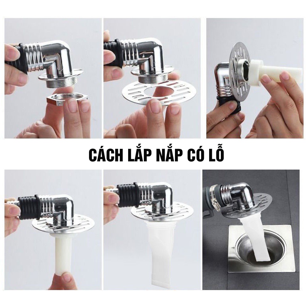 Nắp ga đế thoát sàn Inox có lỗ cắm cút chia thoát nước máy giặt và cổ nối Minh House