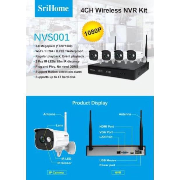 Trọn bộ Kit 4 camera IP SRIHOME NVS001 full HD 1080 + Đầu ghi hình IP 4 kênh