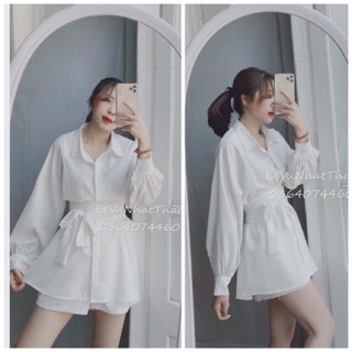 set sơmi oversize form rộng nude, trắng + quần short thắt nơ eo (ảnh thật)