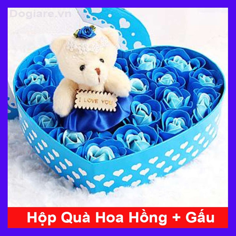 Hộp quà tặng Hoa Hồng Sáp thơm hình trái tim (20 bông) kèm Gấu yêu HQ2