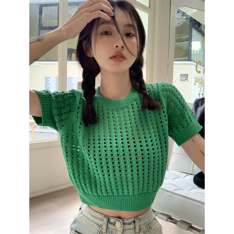 QKOOLE  Áo Thun Croptop Dệt Kim Tay Ngắn Cổ Tròn Thời Trang Mùa Hè Phong Cách Hàn Quốc Cho Nữ