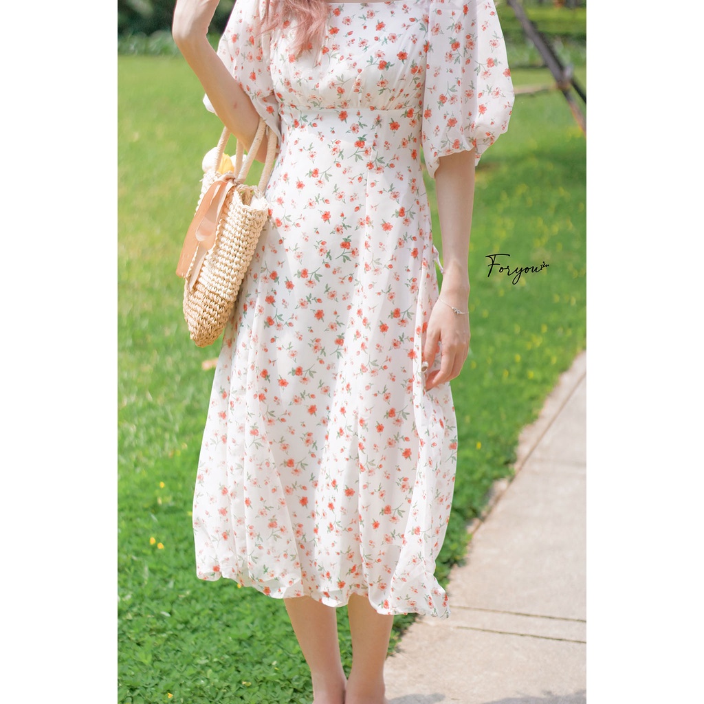Váy voan hoa nhí hồng FORYOU đầm cổ vuông tay bồng có đai eo siêu xinh - Rosy Dress