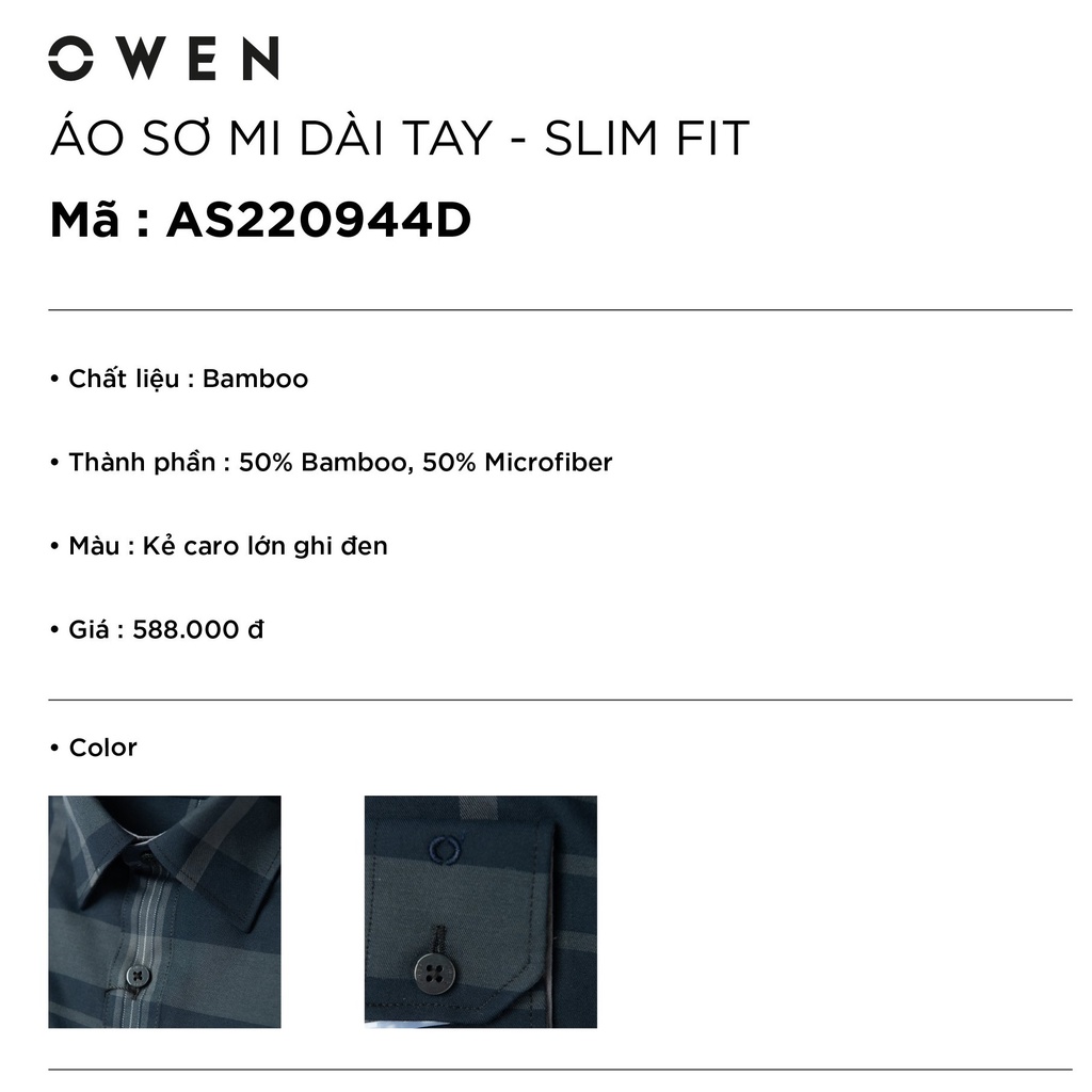 Áo Sơ Mi Nam Dài Tay OWEN AS220944D Somi Công Sở Vải Sợi Tre Cao Cấp Kẻ caro lớn ghi đen Dáng Slim Fit Tà Lượn Không Túi