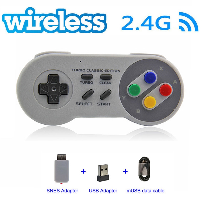 🌈HN [WH]Tay cầm không dây Bộ điều khiển cần điều khiển Joypad 2.4GHZ cho SNES NES Trò chơi cổ điển từ xa