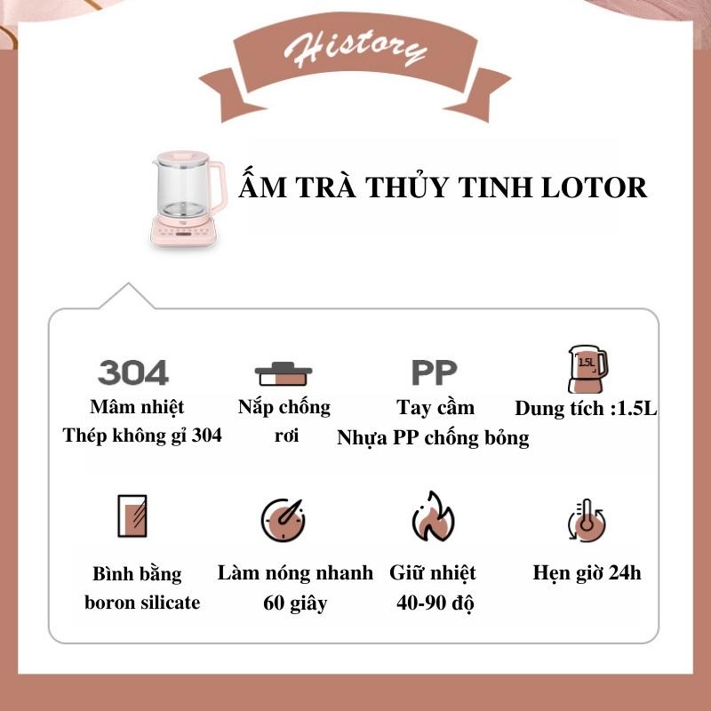 Ấm trà thủy tinh, đa năng, an toàn sức khỏe, đun nước pha trà nấu cháo Chính hãng LOTOR H16 - BH 12 tháng - Lotor L009