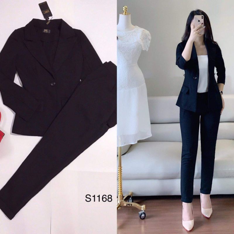 Set áo véc đen + quần tây đen công sở sang trọng