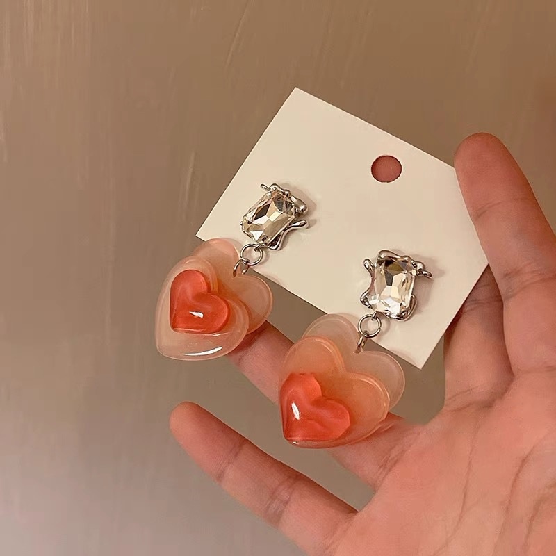 Khuyên Tai Nhựa Hình Trái Tim Đính Đá Zircon Màu Gradient Kiểu Dáng Thời Trang Cho Nữ