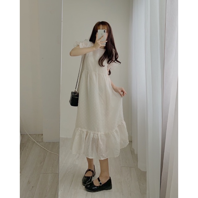 Đầm babydoll 2 lớp phối bèo trắng be 881