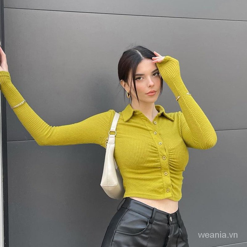 Áo sơ mi dài tay cổ bẻ phối nút thời trang dành cho nữ