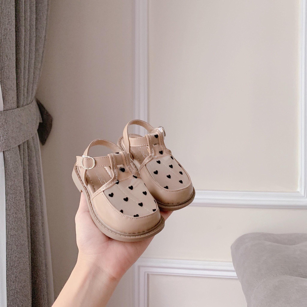 Giày da phối lưới thoáng khí cho bé, họa tiết trái tim xinh xẻo hàng Quảng Châu cao câp