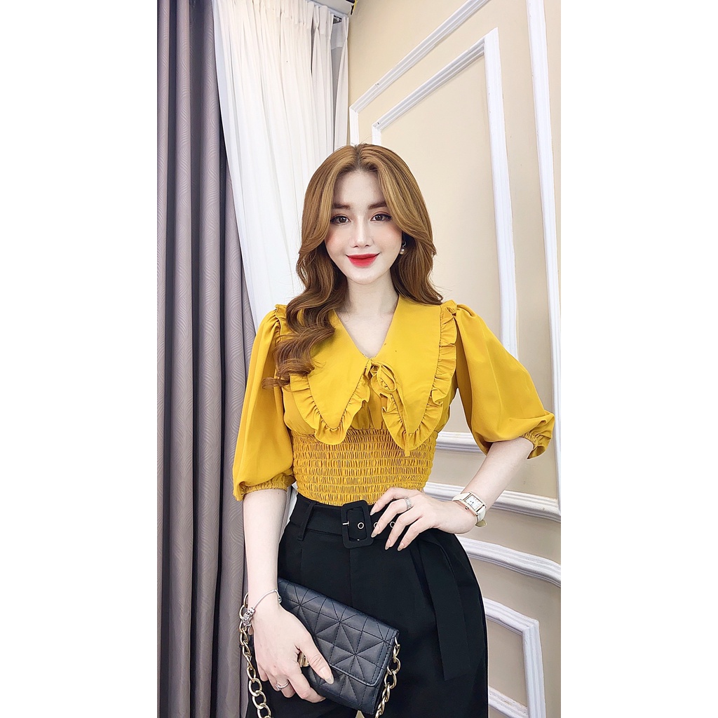 Áo kiểu tay bồng nữ CRAZYTEEn cổ nhọn viền bèo A0270