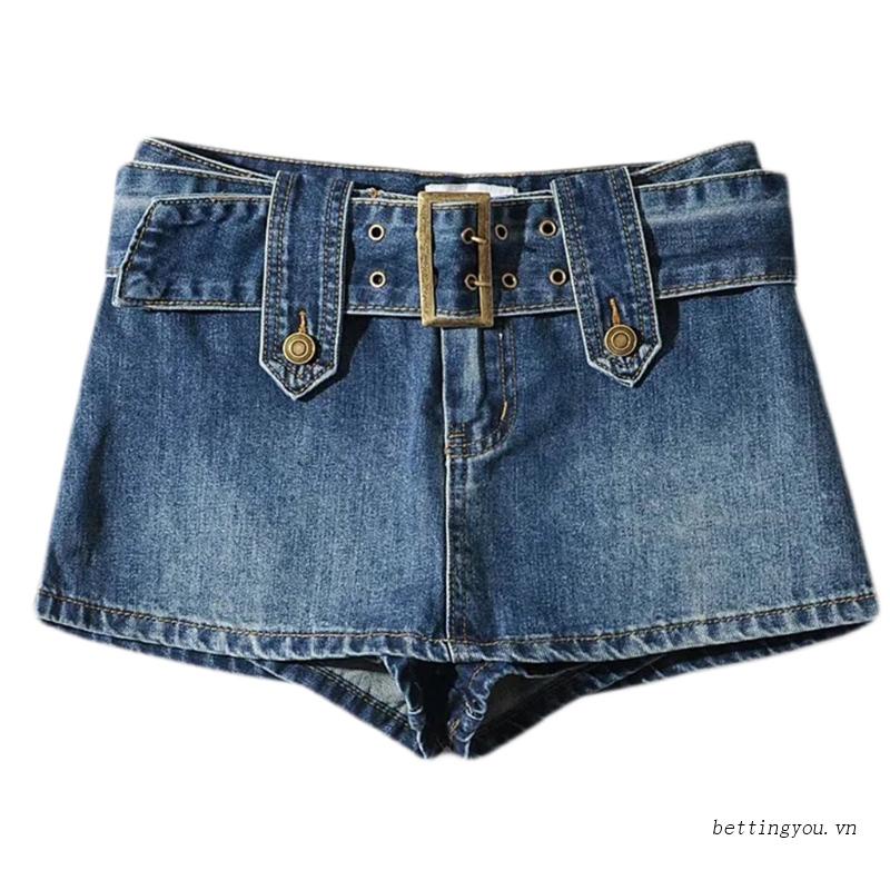 Chân Váy Jean Xanh Dương Mini Có Khóa Kéo Và Dây Nịt Phong Cách Vintage Cho Nữ