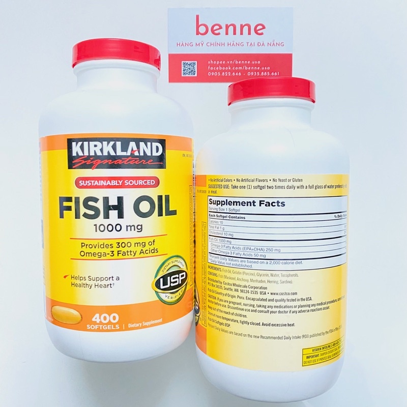 Viên Uống Dầu Cá Kirkland Fish Oil Omega 3 1000mg 400 Viên của Mỹ