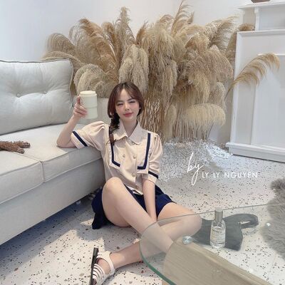 Sét bộ áo khuy cổ bẻ chân váy xếp ly xanh hàng đẹp