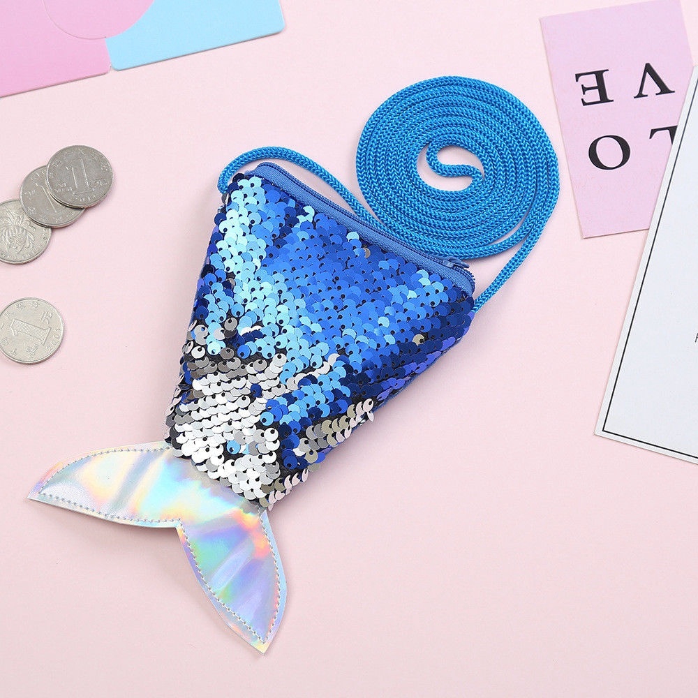 Hot Kids Fashion Mermaid Tail Shape Sequins Mini Zipper Purse