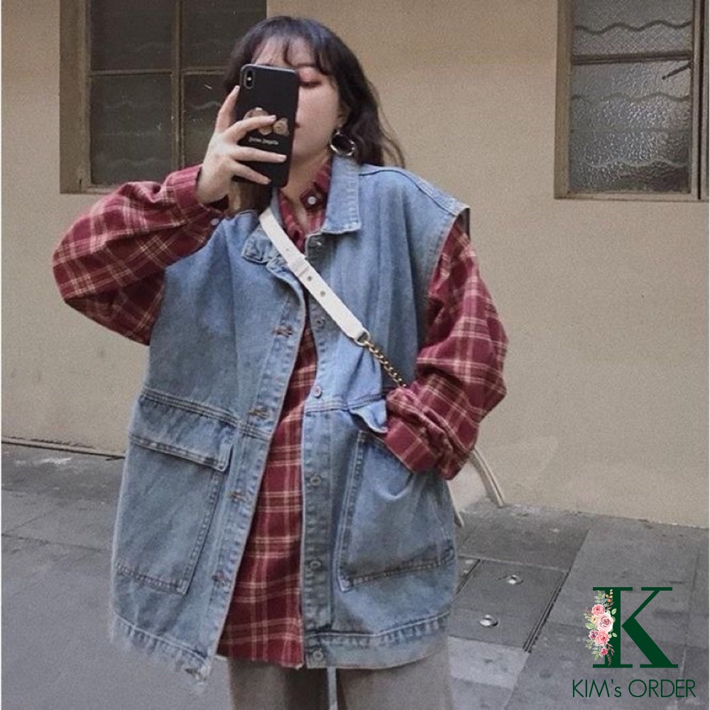 Áo khoác jean nữ màu xanh sát nách phom rộng phong cách retro sành điệu cá tính năng động Ulzzang Hàn Quốc chất đẹp