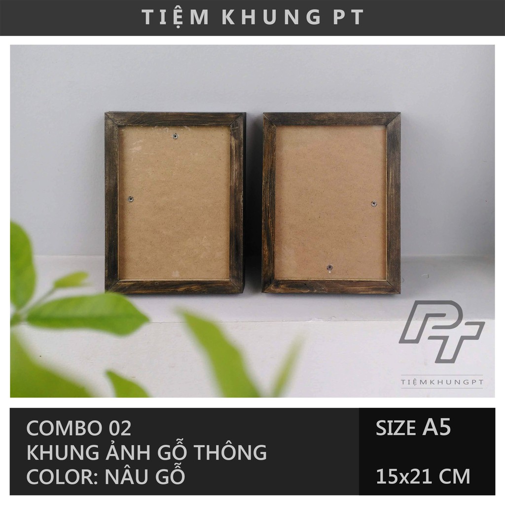 Bộ 02 Khung ảnh A5 15x21 Nâu gỗ - Khung hình gỗ thông mặt kính - Khung ảnh đẹp để bàn - Picture Frames Tiệm Khung PT