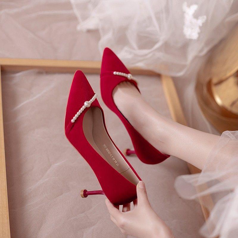 Xiuhe Giày Cao Gót Da Lộn Màu Đỏ Rượu Vang Đính Ngọc Trai Phong Cách Trung Hoa Cho Cô Dâu