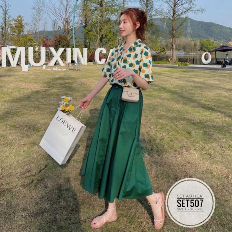 Set big size áo hoa và chân váy dài cotton lạnh từ 60kg-90kg