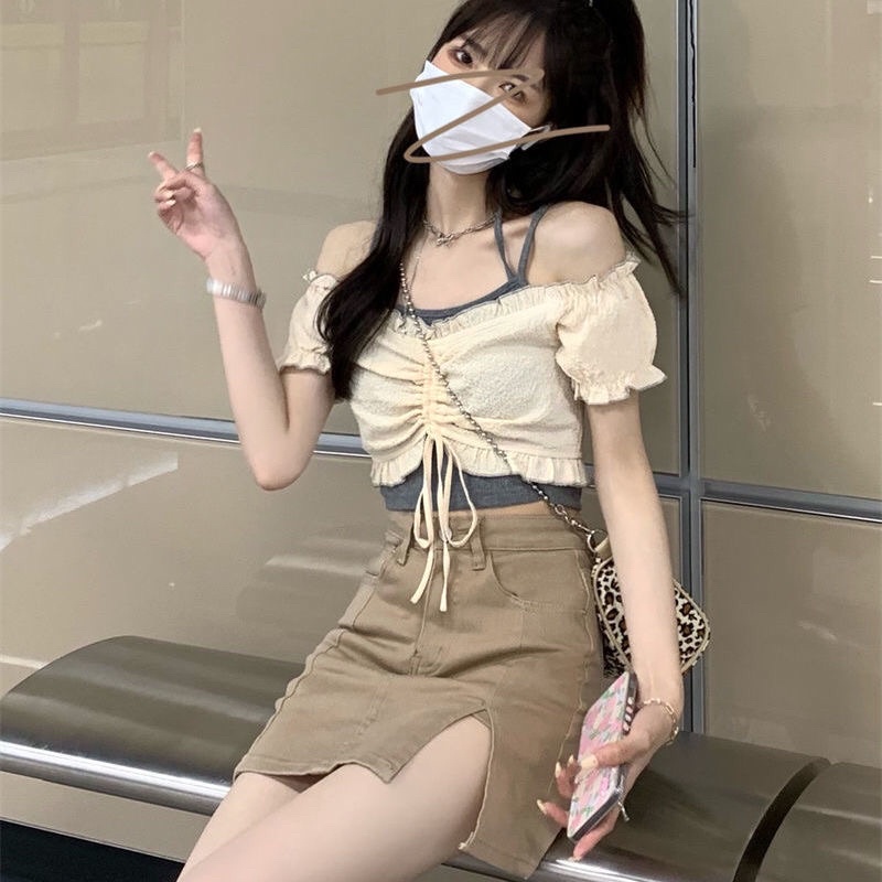 Set áo croptop rút dây và chân váy ngắn xẻ tà ulzzang Hàn Quốc