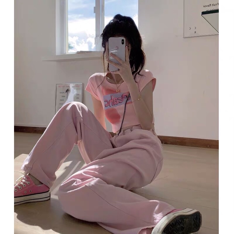 Set Pink tách rời áo croptop Peach và quần cạp cao ống suông xinh