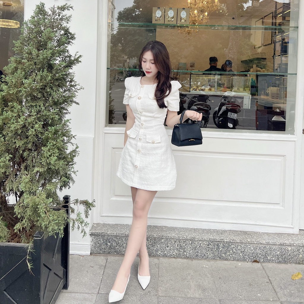 Váy đầm trắng Tweet Liner tay bồng tiểu thư Souris By G