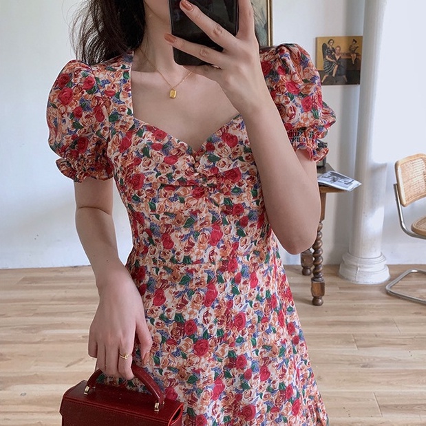 [MURIOKI] Đầm Mini Cổ Vuông Tay Phồng In Họa Tiết Hoa Phong Cách Pháp Ngọt Ngào Thời Trang Cho Nữ