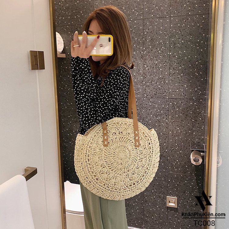 [NowShip - Giao Ngay] Túi Cói Boho Vintage Đeo Vai, Đeo Chéo Hình Tròn Dây Da Màu Nâu Be Trơn