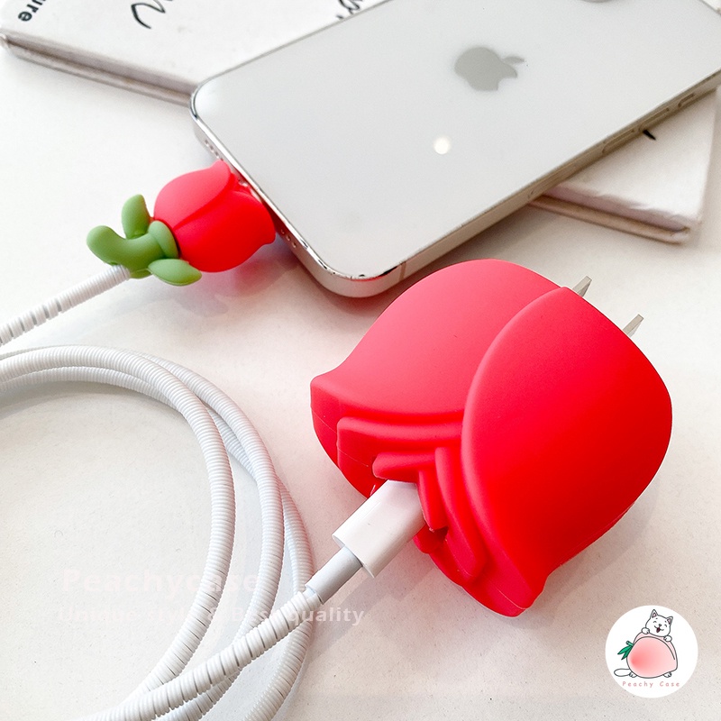 Vỏ Bọc Bảo Vệ Đầu Cáp Sạc USB Hình Hoa Tulip Đỏ Cho iPhone 18W 20W Sự Bảo Vệ