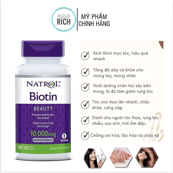 [TPCN]Viên Uống Kích Thích Mọc Tóc BIOTIN NATROL 10,000mcg 100 viên