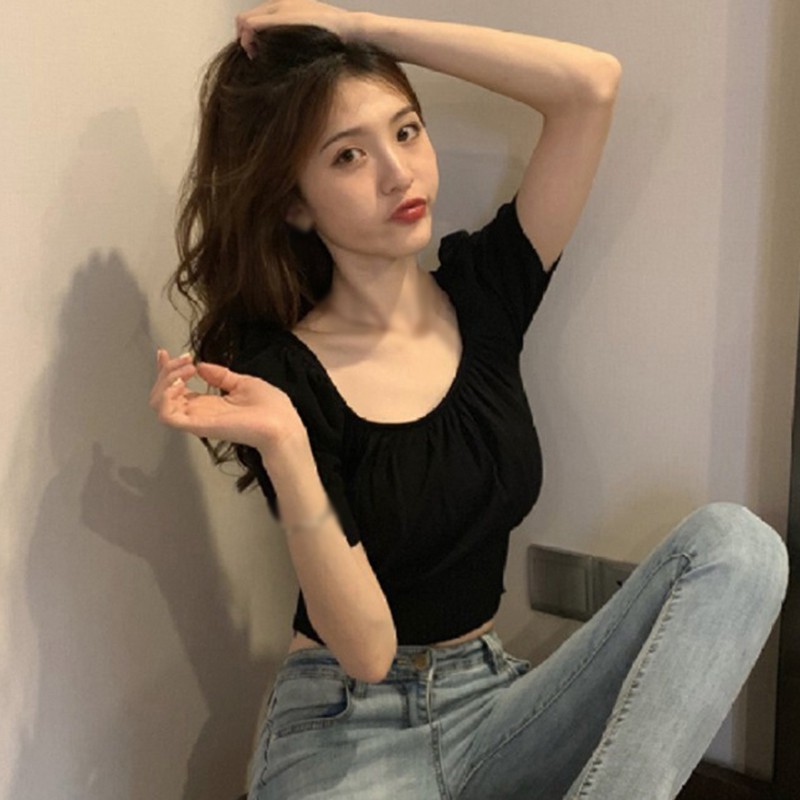 Áo Thun Nữ Ngắn Tay Cổ Vuông Thời Trang Hàn