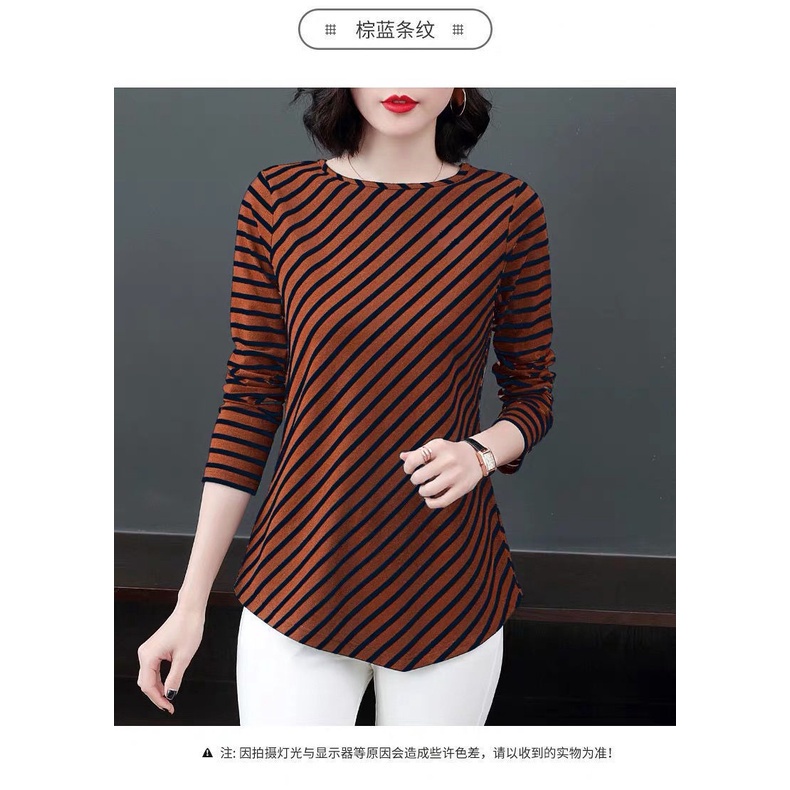 Áo Thun Tay Dài Dáng Rộng Plus Size Họa Tiết Kẻ Sọc Cho Phụ Nữ Trung Niên