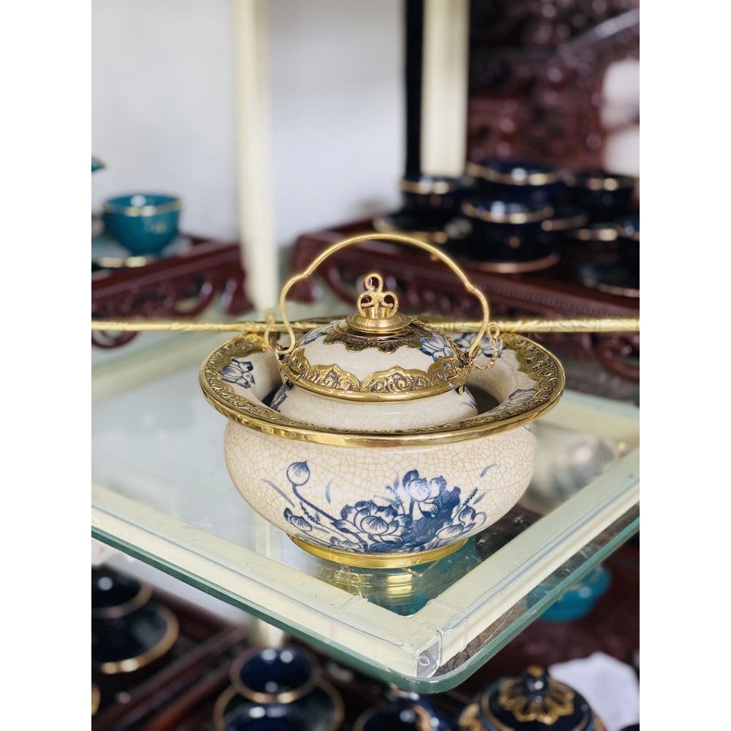 Bộ ấm chén men rạn giả cổ bọc đồng Bát Tràng - Bộ ẤM trà dáng Quả Hồng Bát Tràng CAO CẤP