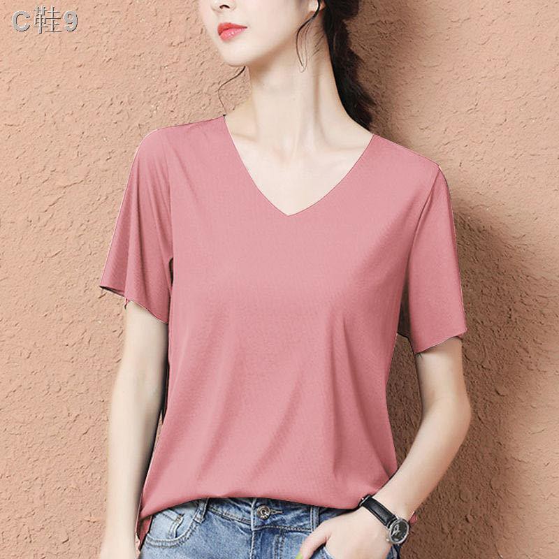 New ice silk short-sleeved t-shirt spring and summer solid color women s 2020 thin trendy V-neck Korean white loose top