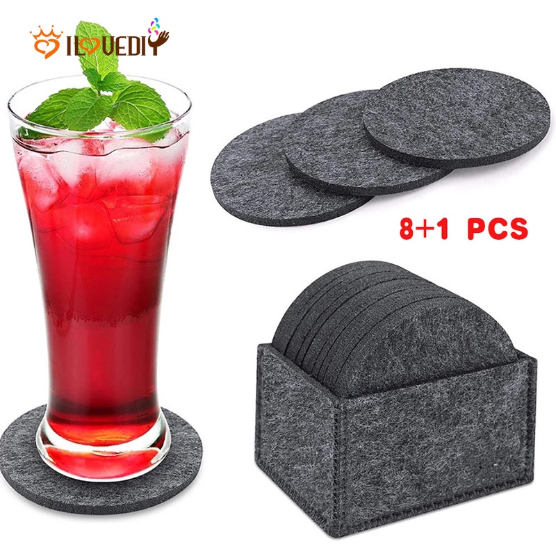 Set 8 Tấm Lót Ly Bằng Vải Nỉ Cách Nhiệt 10cm Kèm Hộp Đựng Hình Vuông/Tròn/Tròn Cách Nhiệt Có Thể Rửa Sạch Cho Nhà Hàng