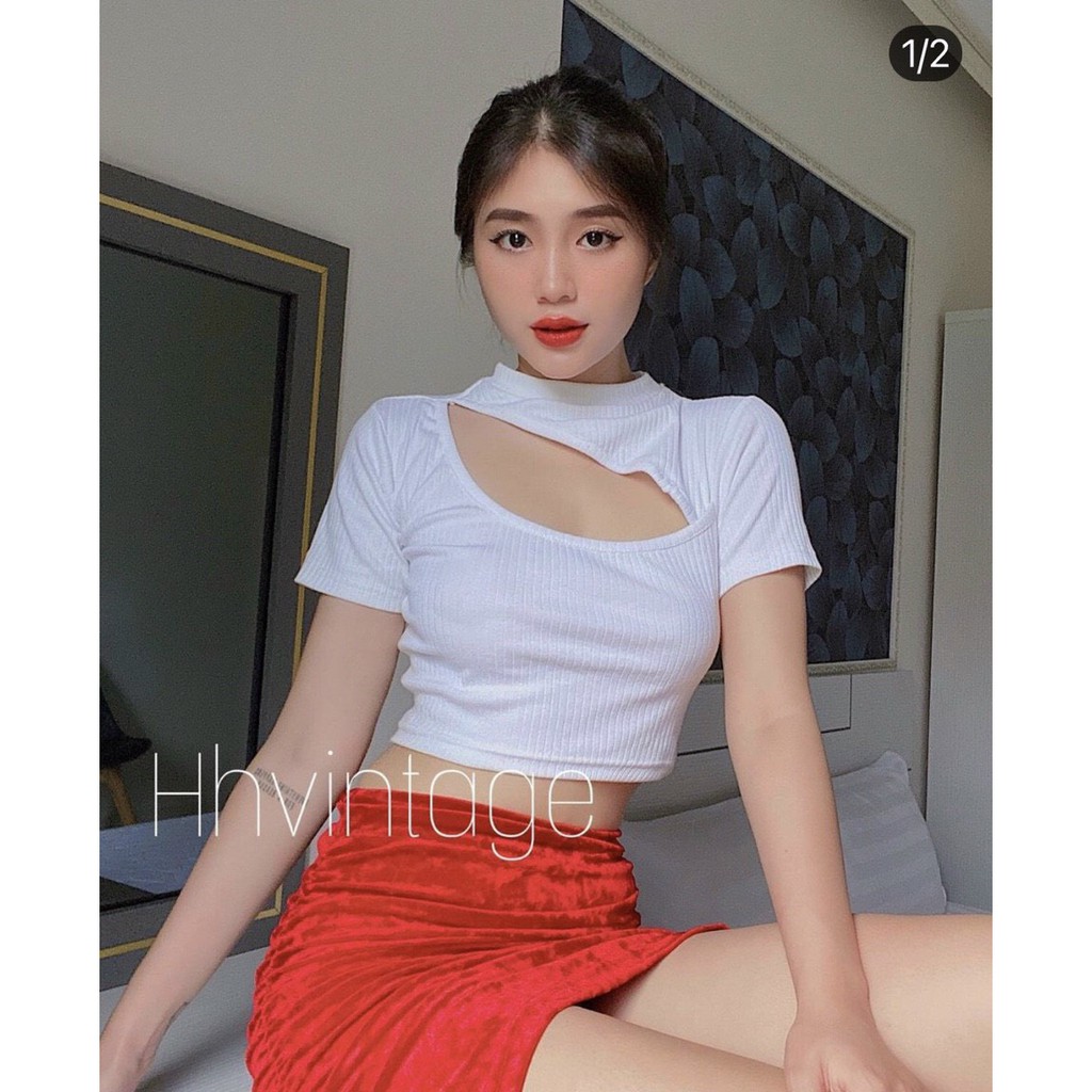 áo kiểu khoét hở ngực xéo thun gân xinh ảnh thật tôn dáng đẹp