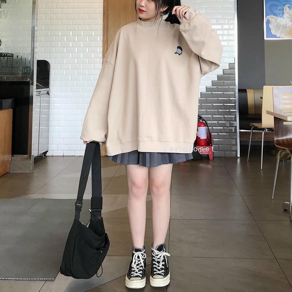 Áo sweater unisex form rộng thêu hình vô diện cho cặp đôi nam nữ, áo hoodie không mũ phong cách hàn quốc