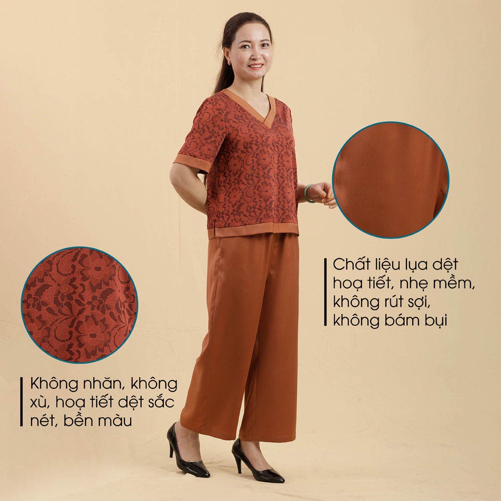 Đồ Bộ Lụa Trung Niên Nữ Phối Hoa Cao Cấp Mặc Nhà Quà Tặng Cho Mẹ ANCHI B09 Cam Đất