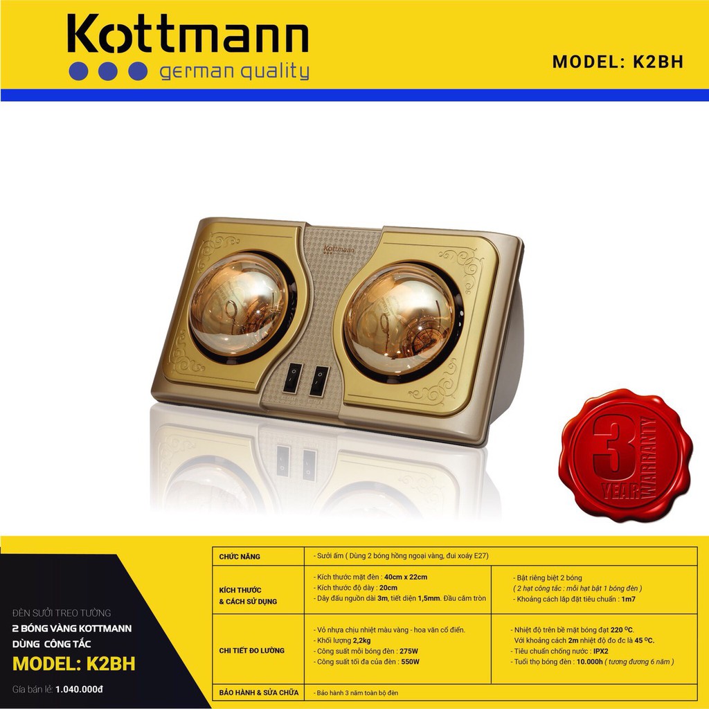 Đèn sưởi Kottmann 2 bóng K2B-H chính hãng (có bảng đặc điểm nhận biết hàng chính hãng)- bảo hành 3 năm chính hãng.