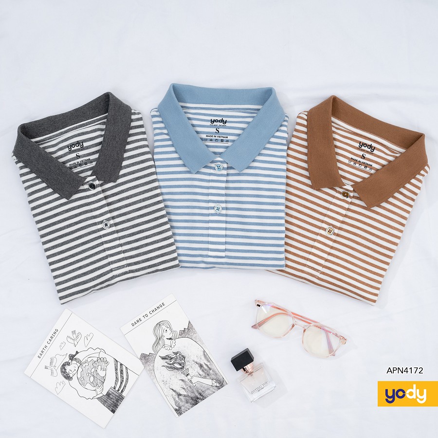 Áo polo nữ kẻ melange thương hiệu YODY dáng basic chất cotton mềm mịn, thoáng mát, thấm hút mồ hôi - APN4172 | BigBuy360 - bigbuy360.vn