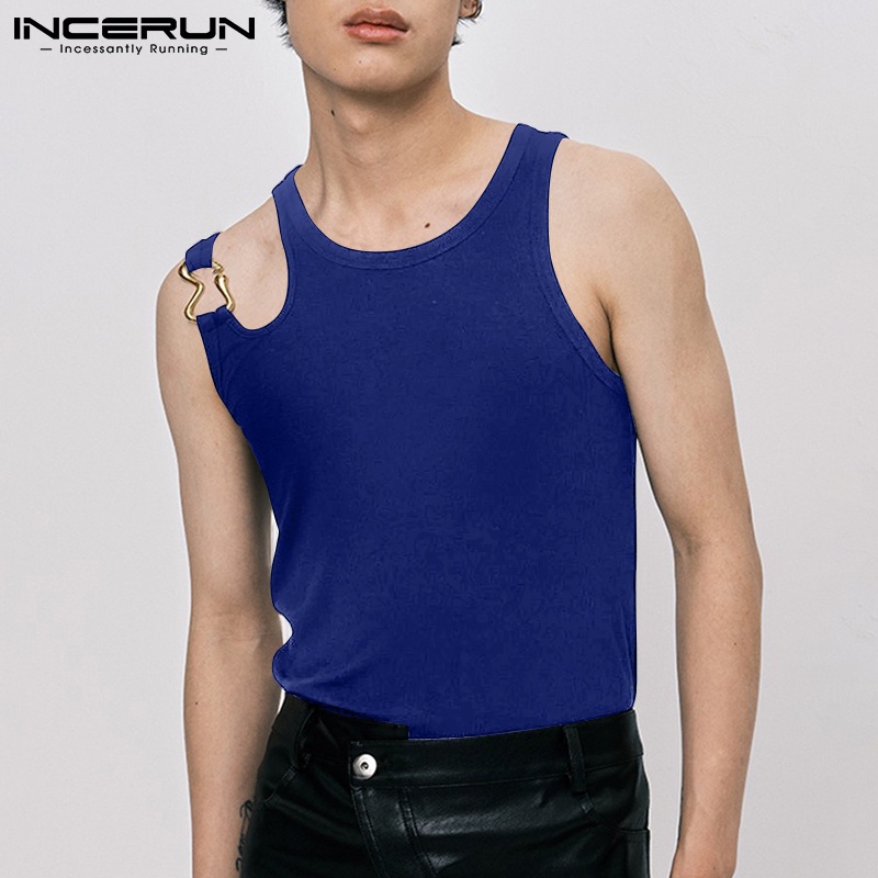 Áo tank top INCERUN màu trơn cổ tròn khoét lỗ không tay giải trí mùa hè cho nam