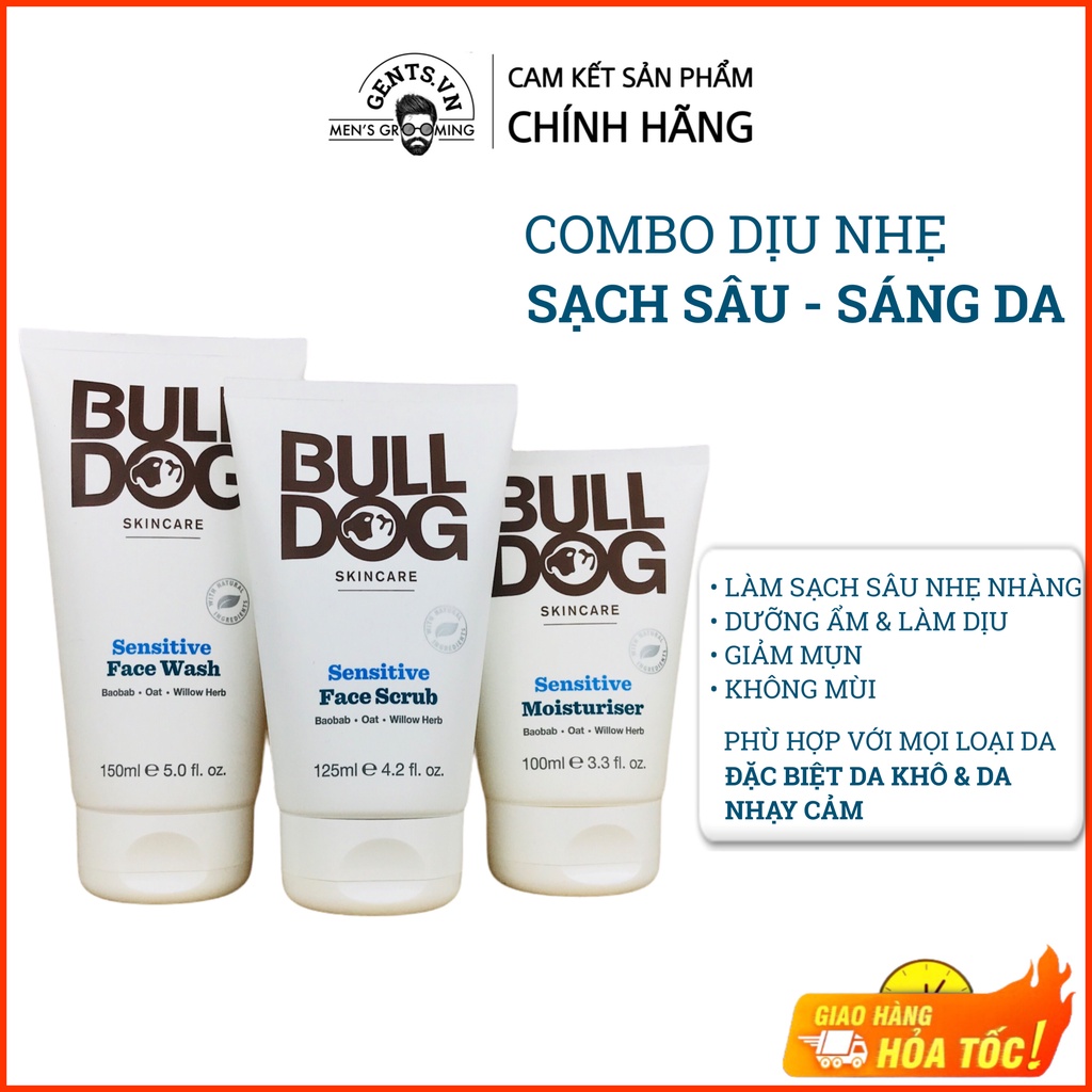 Combo sữa rửa mặt, tẩy tế bào chết và kem dưỡng ẩm da nhạy cảm cho nam Bulldog Skincare Sensitive Full Face Kit